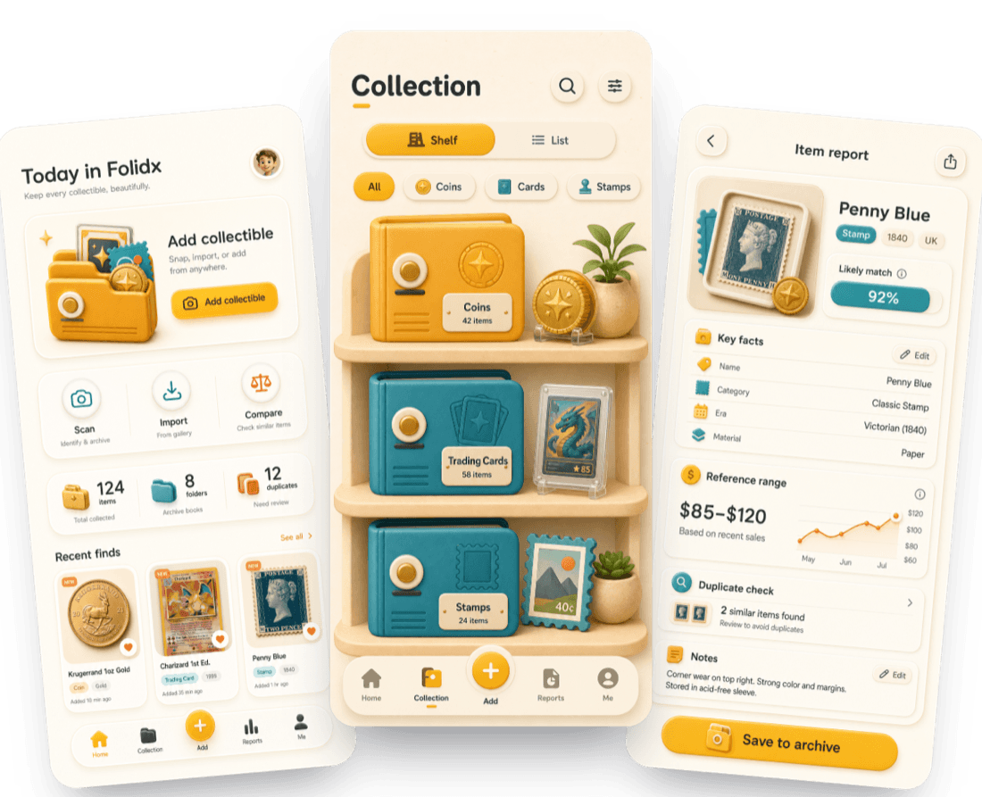 Folidx mobile app screens: home, collection shelf, and item report